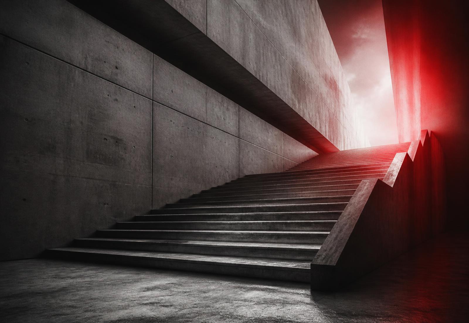 A monumental staircase ascending toward a red-lit horizon