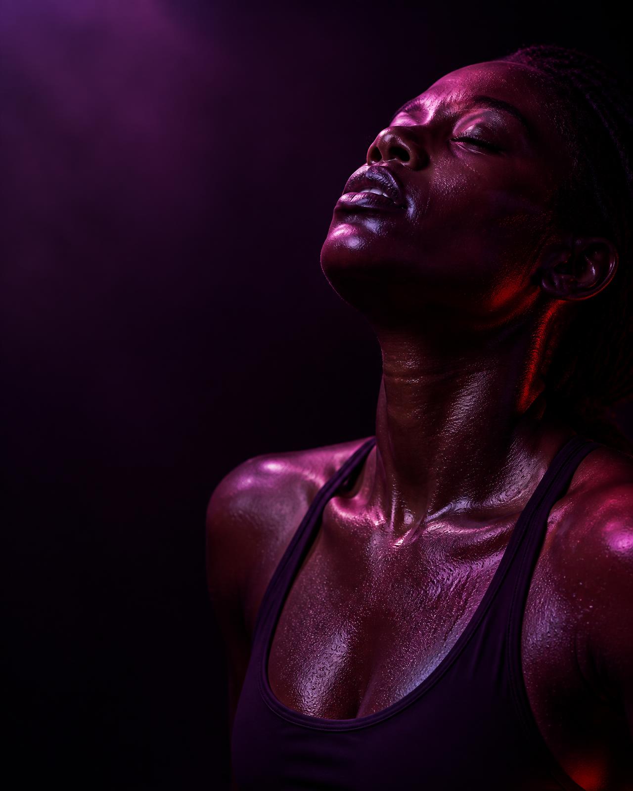 A Black woman looking upward in dramatic red and violet light
